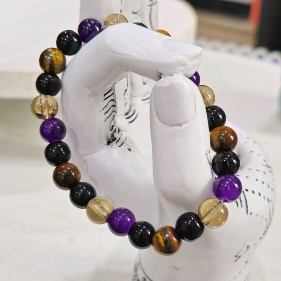 Aura Shield ✦ Tigers Eye Amethyst Hematite Bracelet ✦ 8mm Crystal Bead Stretch - Picture 4 of 9